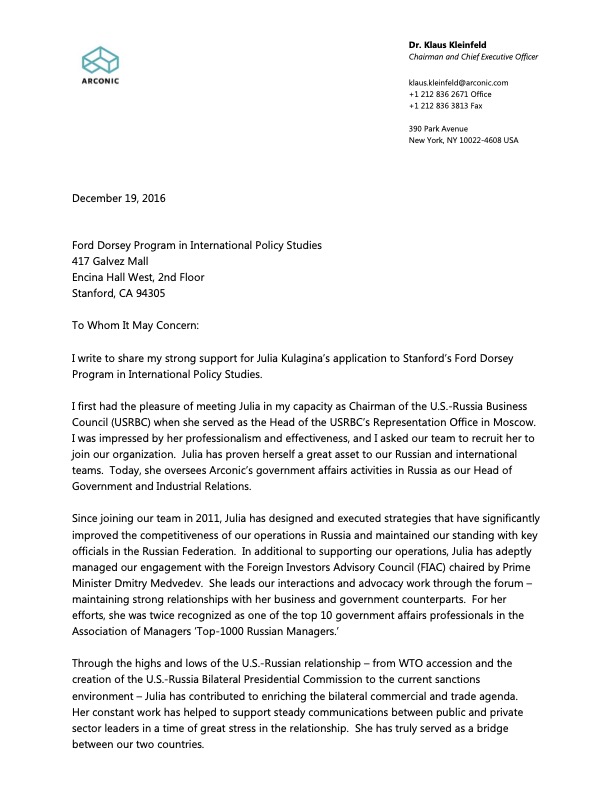 Letter from Dr. Klaus Kleinfeld